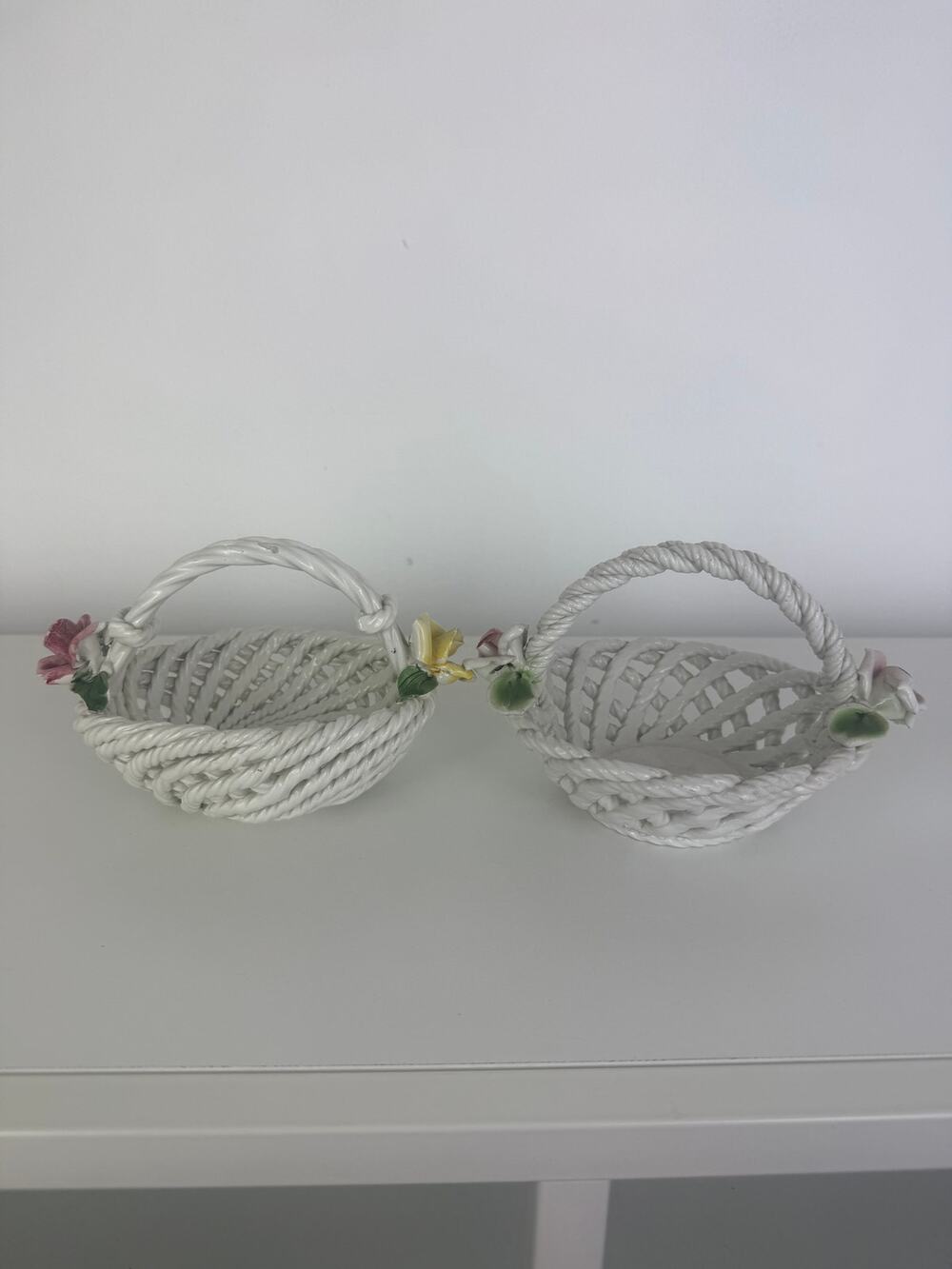 Vintage White Ceramic Woven Floral Italian 90s Cottagecore Decor Basket Set of 2